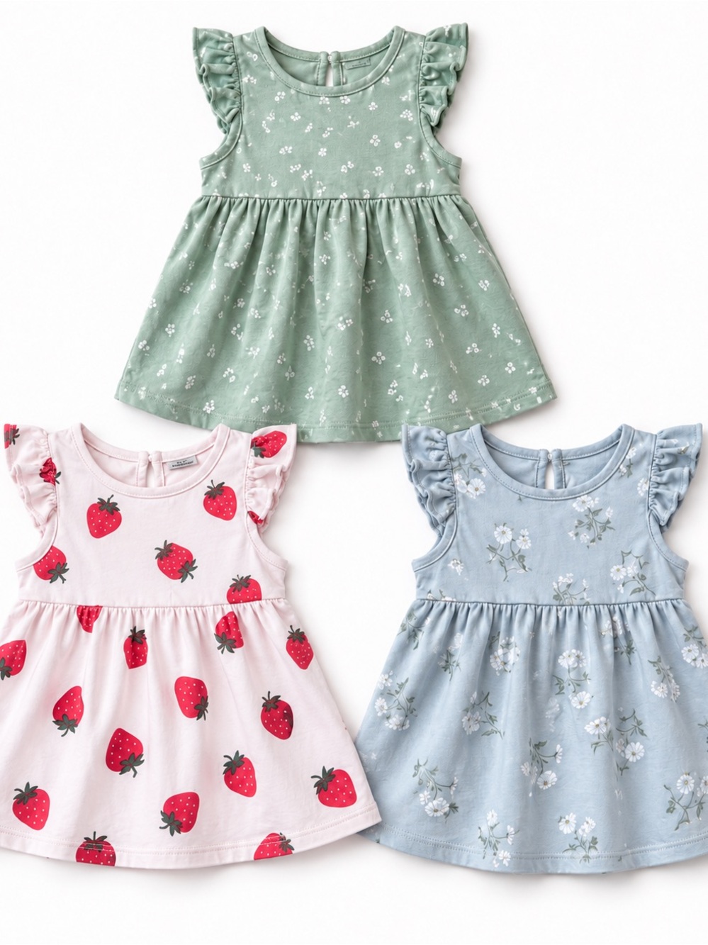H&M Girls' Floral & Strawberry Ruffle Sleeve Dress Set - Green, Pink, Blue